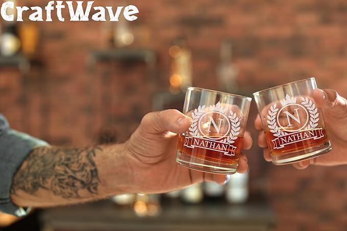 Personalized Whiskey Glass for Men, Custom Engraved Name & Initial Rocks Glasses, 11oz, Barware for Men, Father’s Day Gifts