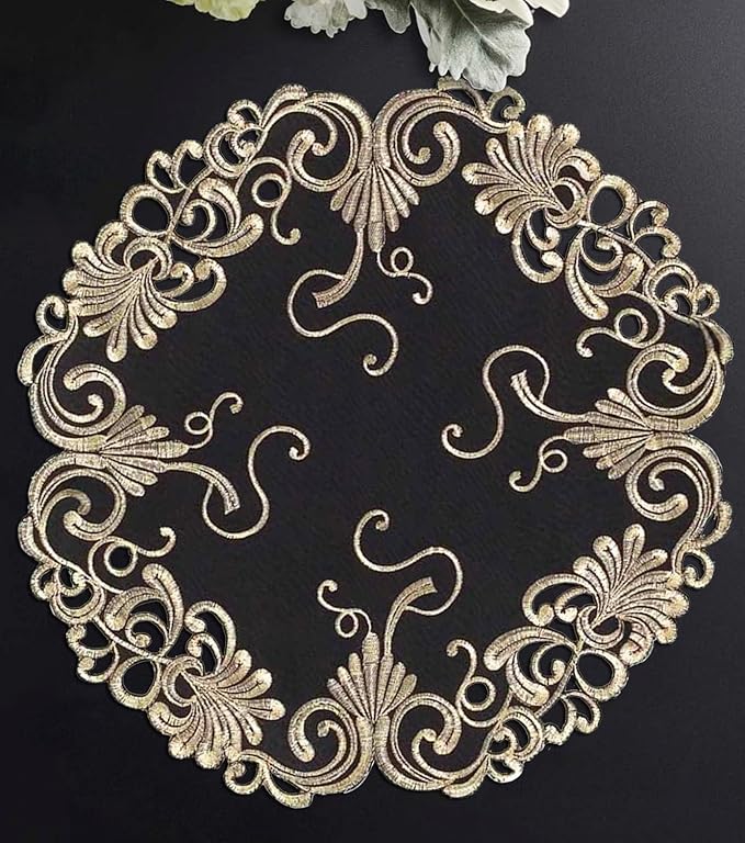 Decozen Set of 12 Doilies for Table, Lace Doilies - Rustic, Crochet, Farmhouse, Kitchen, Dining Table Centerpiece Decor - Round Christmas Placemats 15 inch Gold Black, The Chantelle Collection