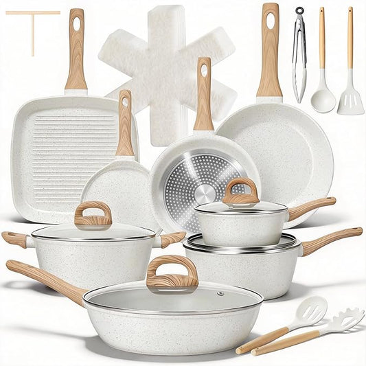 EWFEN 25 Pcs Pots and Pans Set, Nonstick Ceramic Cookware Sets, Healthy Non-Toxic, Large Capacity, Induction Compatible, Cooking Set with Frying Pans & Saucepans, PFAS/PTFE/PFOA Free, Cream White