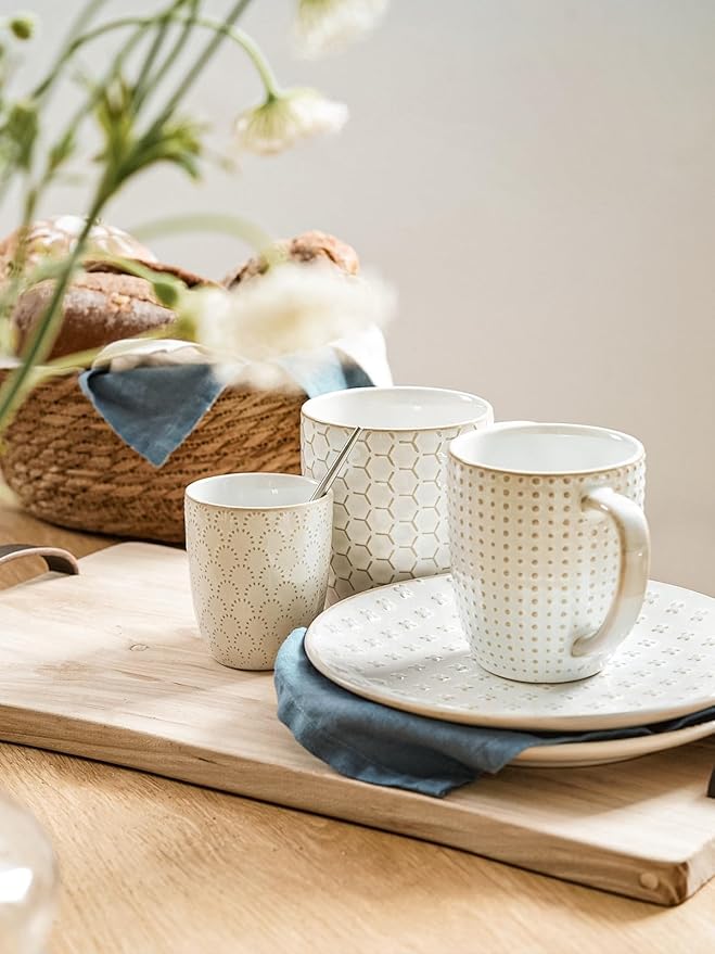LE TAUCI Coffee Mugs 12 oz, Ceramic Mug Set Set of 4, Embossment Cups for Espresso, Latte, Tea, Cocoa, Cappuccino & Mocha, Dishwasher Oven Microwave Safe - 3.4 inch, Arctic White