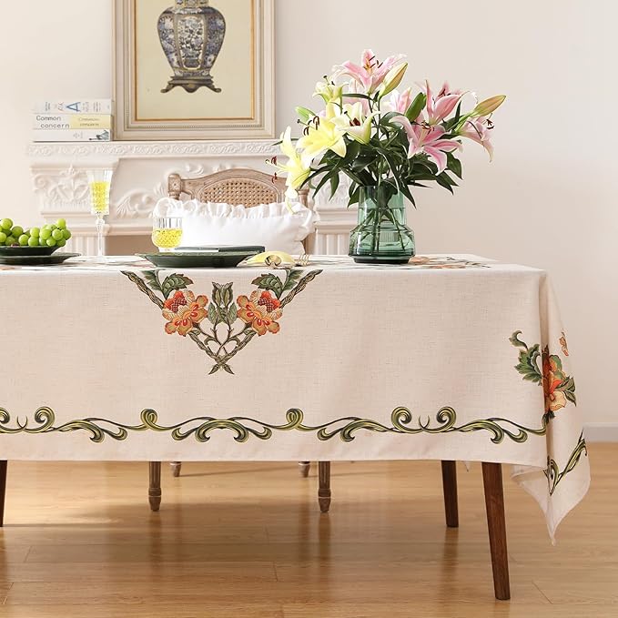 patdrea Designer Linen Rectangle Tablecloth,Vintage French Floral Tablecloths,Wrinkle Free Table Cloth,Decorative Table Cover Cloth for Kitchen,Dining,Tea Party,Home,Christmas,55"*87"