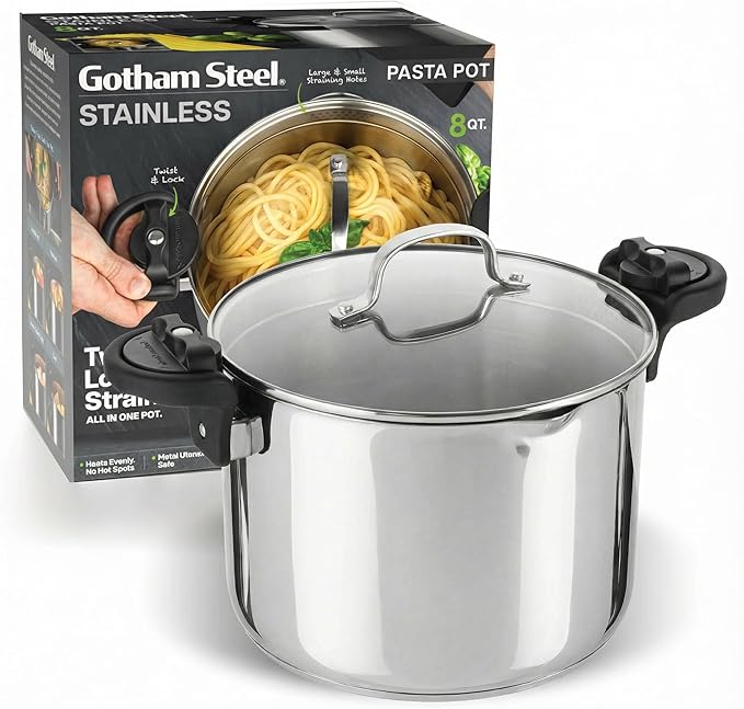GOTHAM STEEL 8 Qt Stainless Steel Stock Pot Multipurpose Pasta Pot with Strainer Lid & Twist and Lock Handles, for Soup, Spaghetti, Rice, Induction Ready, Dishwasher Safe