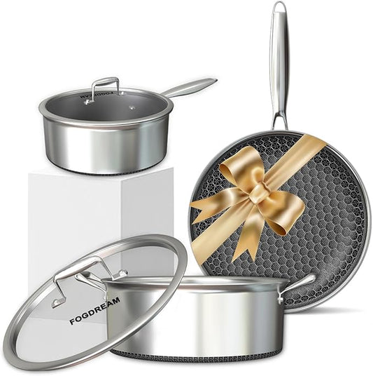 FogDream Stainless Steel Cookware, Tri Ply Pots And Pans Set, Non Stick Frying Pans, Soup Pot & Sauce Pan With Tempered Glass Lids, Cool Handles, Dishwasher Safe, Induction Compatible, Silver