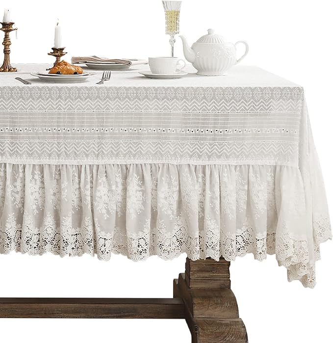 patdrea Vintage White Lace Tablecloth,Design Embroidered Cotton Ruffle Table Cloth for Rectangle Table,Elegant Rustic Fabric Decorations for Wedding Party Thanksgiving Christmas 55"*87"