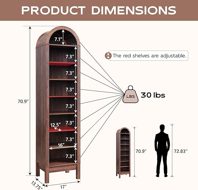 71" Tall Arched Bookshelf, 8 Tiers Arch Bookcase with Storage, Modern Farmhouse Book Shelf with Adjustable Shelves, Wood Bookshelf w/Open Display Shelves for Living Room, Office (Brown)
