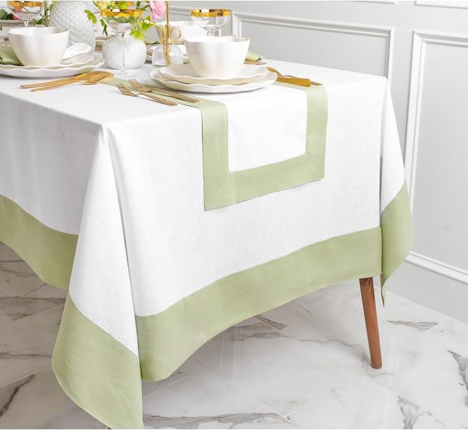 Solino Home Linen Tablecloth 60 x 108 Inch - 100% Pure Linen Sage Green and White Tablecloth for Rectangle Tables - Contempo, Machine Washable Table Cloth for Winter, Spring, Easter, St Patricks Day