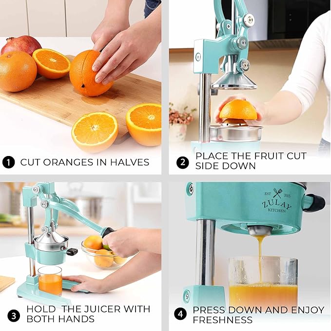 Zulay Kitchen Cast Iron Juicer - Easy-to-Clean Heavy-Duty Manual Juicer, Professional Citrus Juicer - Stainless Steel Lemon Squeezer - Manual Citrus Press & Orange Squeezer - Orange Juicer – Mint