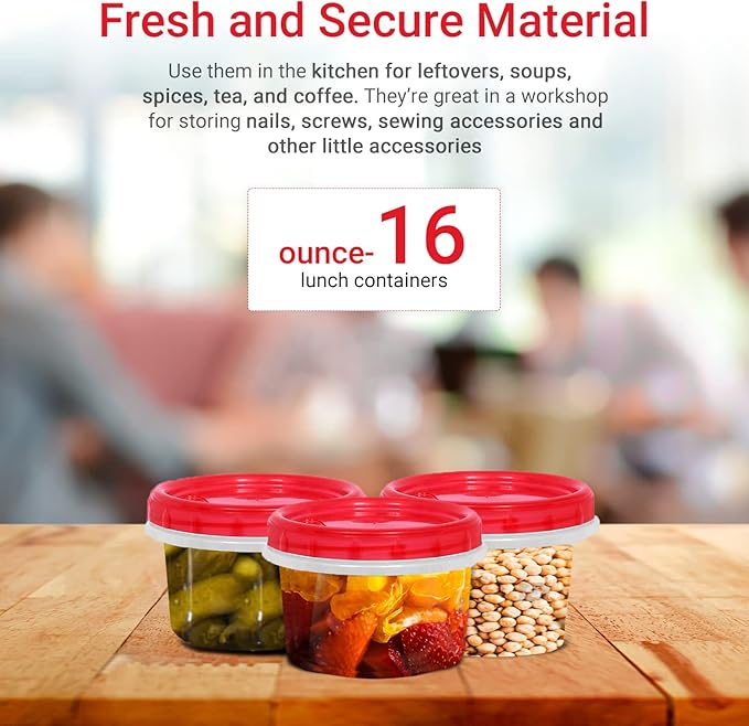 [Red - 12 Pk] Airtight Deli Containers with Lids Twist Lock Top Clear Food Storage for Meal Prep Snacks and Leftovers Freezer and Microwave Safe Stackable Leak-Resistant and 12 Pc. Set (16 Ounce)