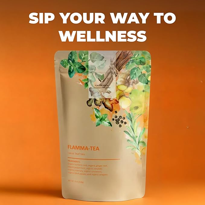 Gardenika Organic Flamma-tea Loose Leaf Turmeric Ginger Tea | with Cinnamon & Pepper | 100% Natural | Caffeine Free | Herbal Wellness Tea | Premium Blend | 1 lb (454g)