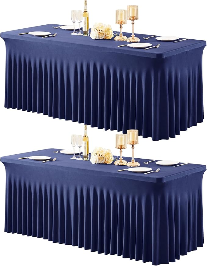 2 Packs Navy Blue Spandex Table Clothes for 4 Foot Rectangle Tables - Stretch Covers 4FT Skirts for Event, Wedding, Banquet & Parties - Wrinkle Free Fitted