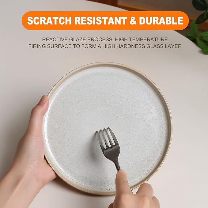 Stoneware Dinnerware Sets for 4, Stoneware Plates and Bowls Set, 12-Piece Ribbed Dishes – Chip & Scratch Resistant, Microwave and Dishwasher Safe Tableware, Warm White