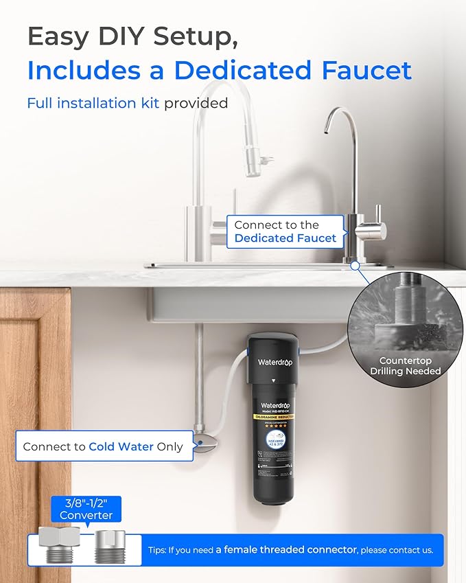 Waterdrop 10UB-CM 6 Months Under Sink Water Filter (Include: System+ 𝐅𝐚𝐮𝐜𝐞𝐭) for 99% Chloramine Reduce- Ideal for California, Florida and Washington- NSF/ANSI 42 Certified- with Faucet