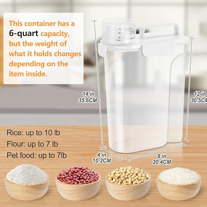 5-7 Lbs Dog Cat Food Storage Container, Portable Travel Pet Food Storage Container with Measuring Cup, Easy-Pouring Bird Seed Dispenser, Airtight Rice Cereal Oatmeal Flour Dispenser -White