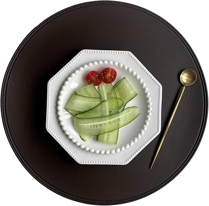 Set of 4/6/10 Black Round PU Leather Placemats Non-Slip Place Mats Coaster Coffee Mats Kitchen Accessories Set De Table(Y Circle Coffee,R 38CM 4pcs)
