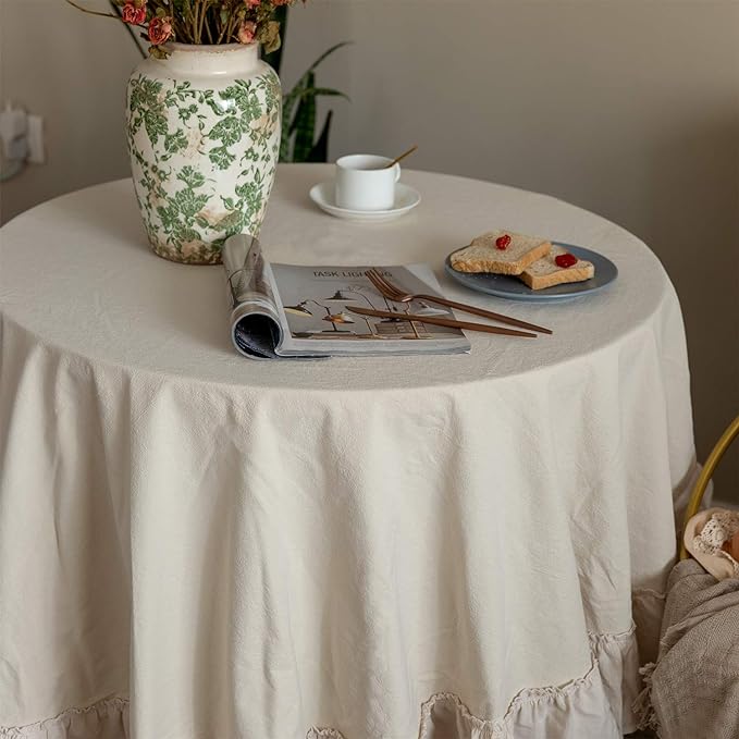 Retro Farmhouse Ruffle Round Tablecloth Cotton Flounces Trim Washable Table Cover White Tablecloths for Rectangle Table Baby Shower Kitchen Party Wedding Decor,70'' Round