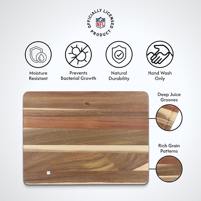 The Memory Company Officially Licensed NFL Acacia Cutting Board – 11.7" x 15.7" Durable Wood Chopping & Serving Board with Team Logo