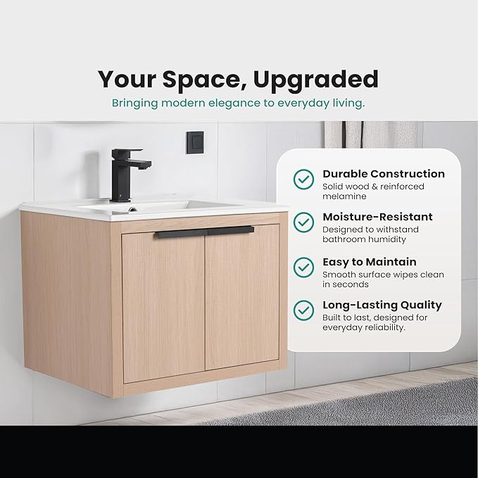 Fine Fixtures Kingsford Modern 24 Inch Bathroom Vanity with Sink, White Oak Finish, Elegant Bathroom Vanities for Modern Homes, Stylish Storage Solutions for Bathrooms