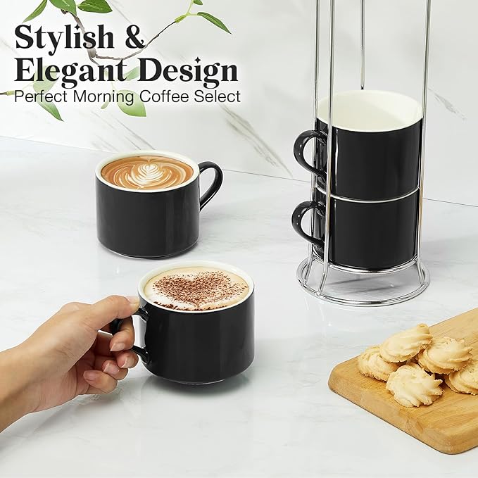10 Ounce Black Porcelain Stackable Cappuccino Cups with Stainless Steel Holder, Set of 4, Durable Ceramic, Perfect for Home, Office or Gift