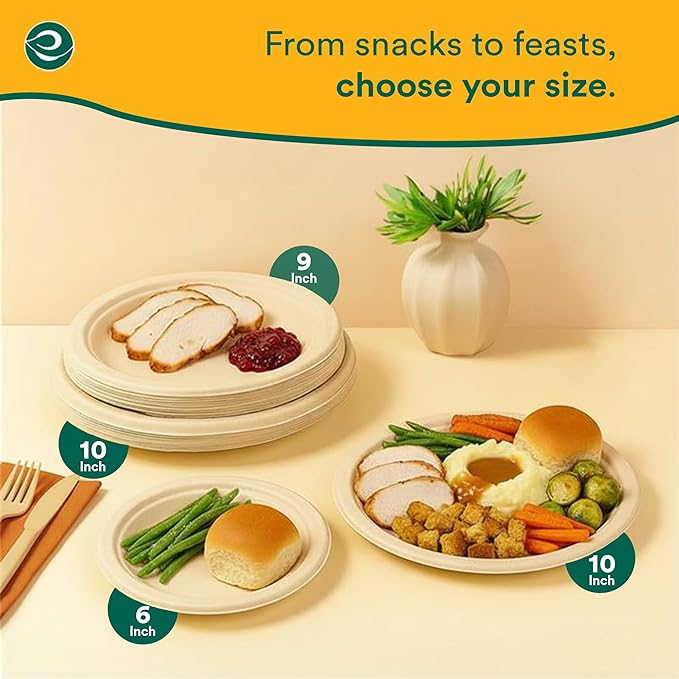 ECO SOUL Compostable 9 Inch(200-Pack) Biodegradable Heavy-Duty Disposable Eco-Friendly Paper Plates for Dinner & Parties, Wedding, Event