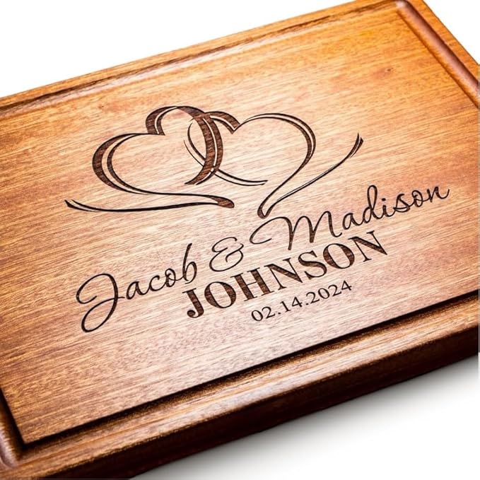 Personalized Cutting Board, Custom Wedding, Anniversary or Housewarming Gift Idea, Wood Engraved Charcuterie, for Newlyweds and Couples, Two Hearts Design 027