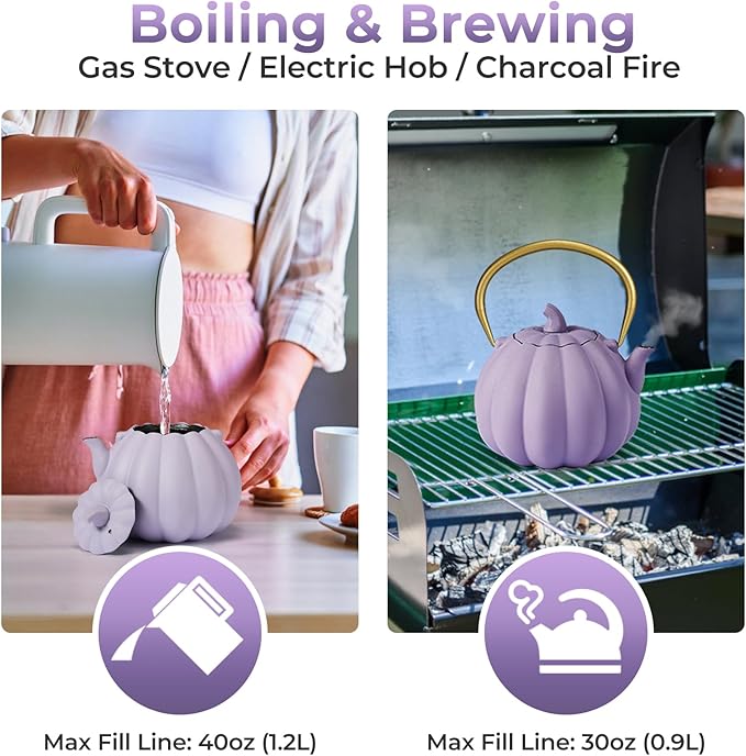 Pumpkin Cast Iron Teapot with Infuser - 40oz Japanese Iron Tea Kettle with Enamel Interior, Cute Halloween Teapot for Loose Tea & Coffee, Stainless Steel Filter, Stove Safe (Purple)