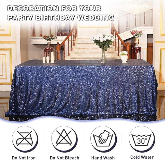 Eternal Beauty Navy Blue Tablecloth, 60x102 Inch Sequin Rectangle Table Cover for Cake Dessert Exhibition Party Birthday Events