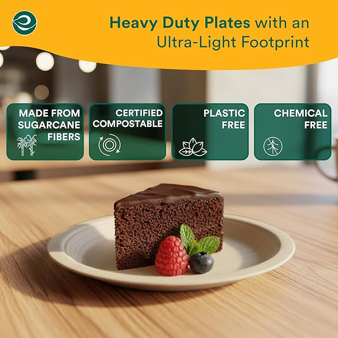 ECO SOUL Compostable Paper Plates 6 Inch (500 Count) Plates for Dessert, Heavy Duty, Eco-Friendly Sugarcane Bagasse Small Plates For Appetizer- Natural Brown
