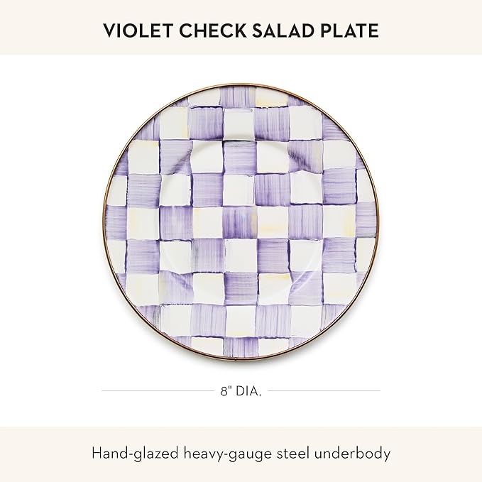 MACKENZIE-CHILDS Enamel Salad and Dessert Plate, Small Plate for a Dessert or Appetizer Dish, 8 Inches, Purple-and-White Violet Check