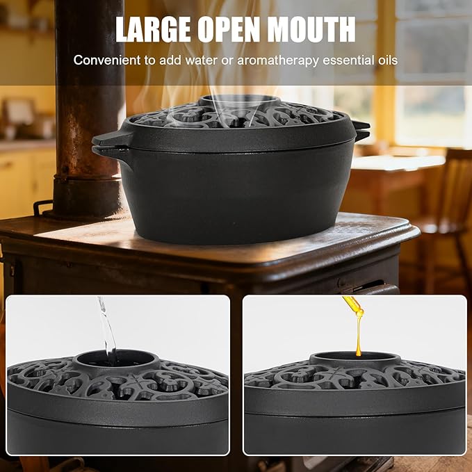 Wood Stove Steamer Humidifier, 2.5 Quart Cast Iron Pot with Porcelain Enamel Coating & Lattice Top, Rust Resistant, Decorative Humidifier for Fireplace, Home Indoor Use (Black)