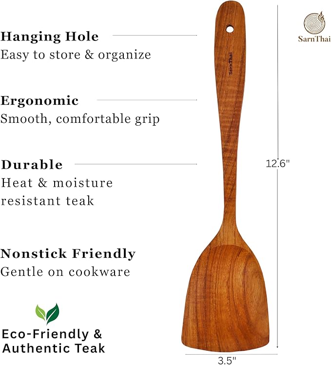 SarnThai Teak Wooden Wok Spatula – Handmade Thai Stir Fry Spatula, Long Handle Wooden Turner, Natural Eco-Friendly Cooking Utensil for Non-Stick Cookware
