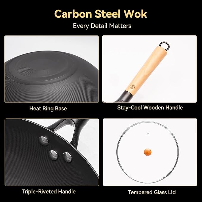 WANGYUANJI Lightweight Carbon Steel Wok with Lid, 12.6" Nitrided Stir Fry Pan - Pre-Seasoned & Rust-Resistant Iron Wok, Flat Bottom for Electric, Induction & Gas Stoves, Easy to Maneuver