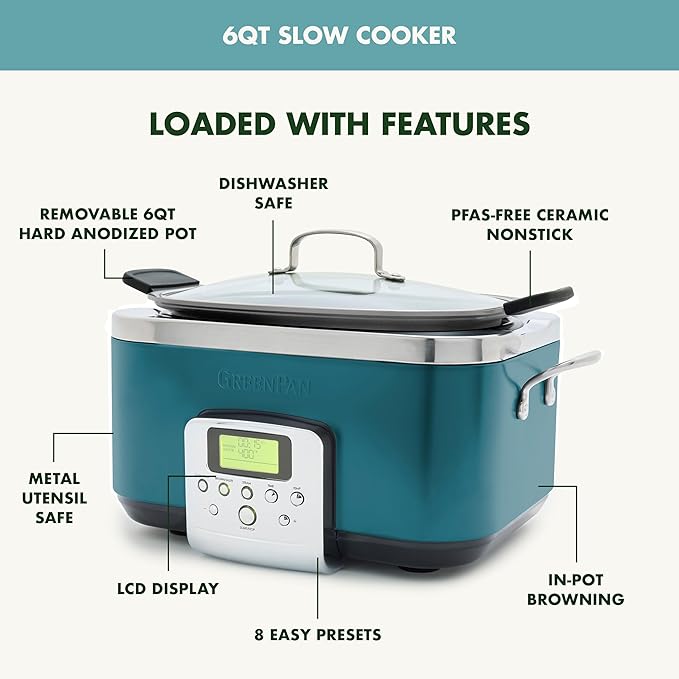 GreenPan Elite 8-in-1 Programmable 6QT Electric Slow Cooker, Dishwasher Safe Lid & Removable Crock, PFAS-Free Healthy Ceramic Nonstick Multi-Cooker, Sear, Sauté/Brown, Steam Basket, Roast, Deep Teal