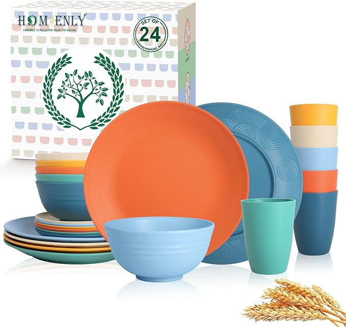 Homienly Unbreakable Wheat Straw Dinnerware Set - Plastic Plates and Bowls Sets Alternative, 24-Piece Dishes Set for Apartment, RV, Party, Microwave and Dishwasher Safe Plates, Bowls, Cups(Multi)