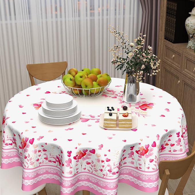 Valentine Round Tablecloth 70 Inch Pink Love Heart Floral Plants Circle Table Cloth Seasonal Holiday Valentine's Day Table Cover for Party Kitchen Dinner Home Decor