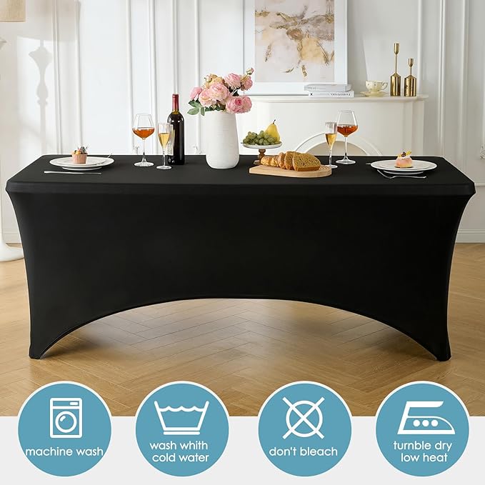 VidaFete Spandex Tablecloth 2 Pack 8FT, Fitted Stretch Table Cover for Rectangle Tables, Wrinkle Resistant and Washable Tablecloths for Outdoor, Picnic, Party, Wedding, Banquet, Birthday, Black
