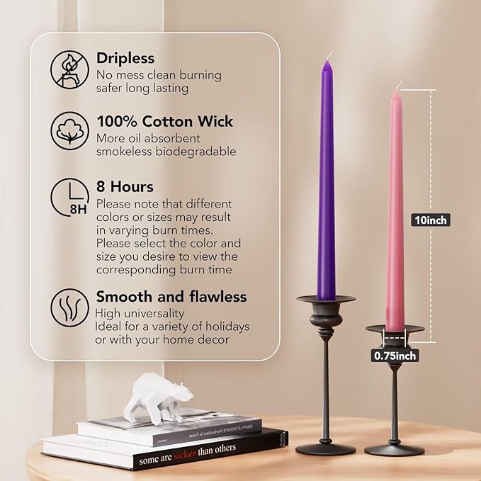 10-Inch Tall Dripless Advent Candles Set of 4, Tapered Candles, Perfect for Christmas - Smokeless, Unscented, Long Burning - Hand Poured, Colored Tall Candlesticks - Pink and Purple