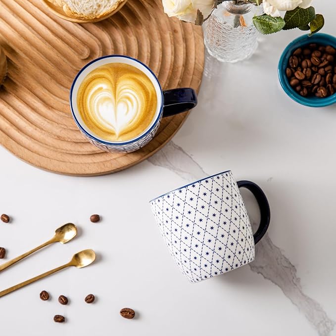 Ceramic Coffee Mugs Set - 10 OZ Large Porcelain Tea Cups with Handle for Cappuccino Latte Cocoa Milk Tea - Christmas Housewarming Gift - Microwave Dishwasher Safe - Set of 6 - Vintage Blue