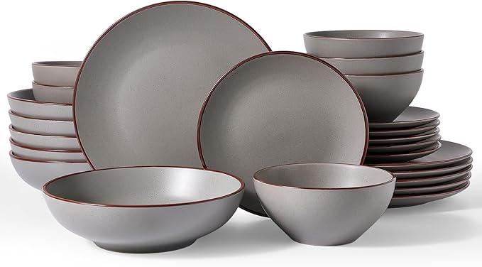 Famiware Venus Speckled Dinnerware Set with Pasta Bowls, Service for 6 (24 Pieces), Stoneware Plates and Double Bowls Sets, Microwave & Dishwasher-Safe Dishes with Trim, Matte Dark Grey