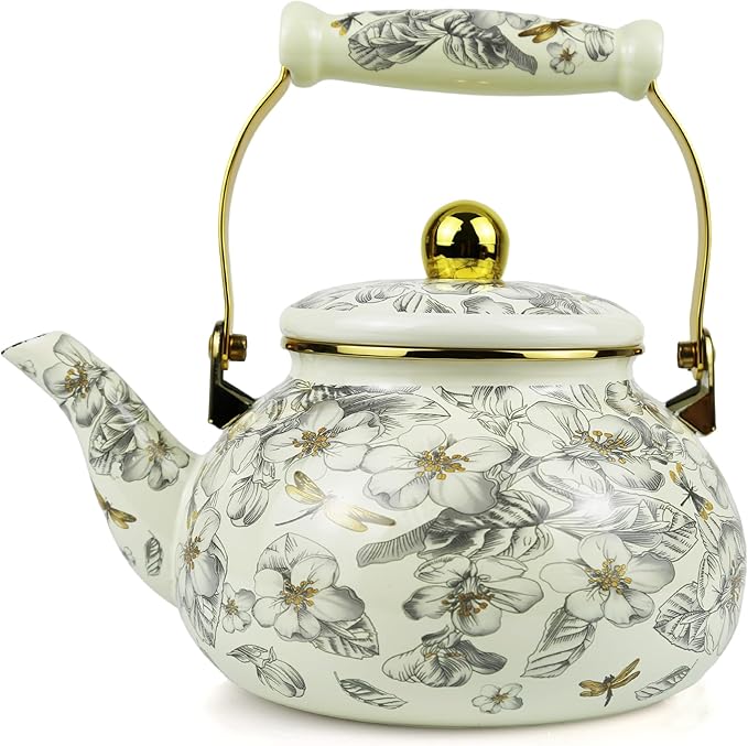 2.5L Vintage Enamel Tea Kettle, Dragonfly Floral Stovetop Teapot with Porcelain Handle, Enamel Kettle for Home/Camping/Tea Party, Ideal Christmas/Housewarming Gift