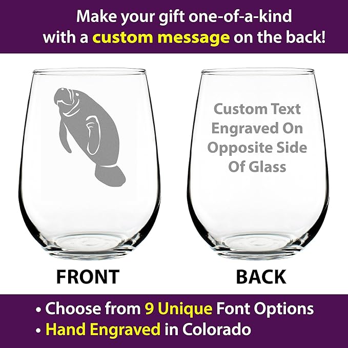 Custom Manatee Personalized Stemless Wine Glass - Funny Ocean Animals Themed Decor and Gifts for Sea Creature Lovers - Large 17 Oz - Customized Wine Glass Gift