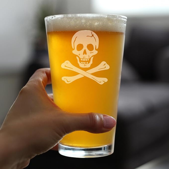 Bevvee Skull and Crossbones Pint Glass for Beer - Skull Decor and Jolly Roger Flag Gifts - Set of 4-16 Oz Glasses