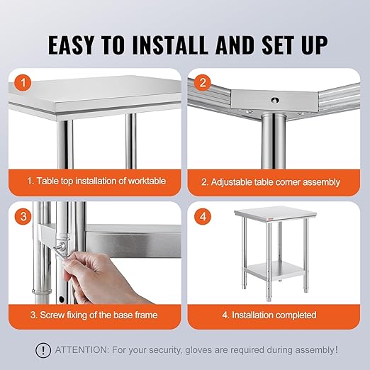 VEVOR Stainless Steel 24 x 24 x 32 Inch Commercial Kitchen Prep & Work Table Heavy Duty Metal Work Table with Adjustable Feet for Restaurant, Home and Hotel