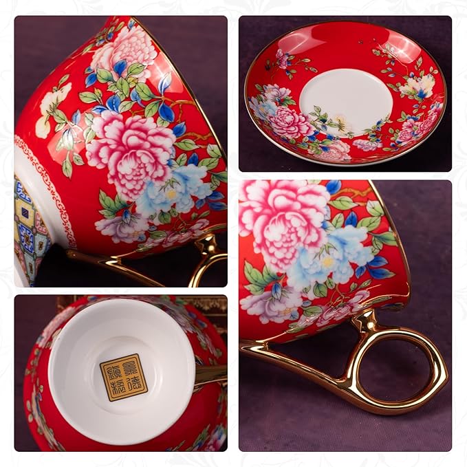 KAMMAK Tea Cups and Saucers Set of 2, Porcelain Coffee Cup with Saucer for Espresso, Cappuccino, 9.8oz Vintage Yellow Floral Ceramic Novelty Mug for Home, Tea Party, Office