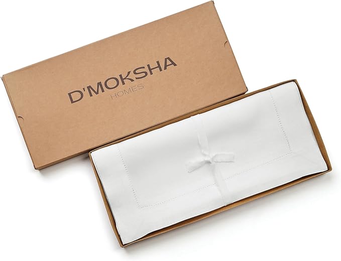 D'Moksha Homes Linen White Table Runner 108 Inches Long - 100% Pure Linen 14 x 108 Inch Table Runner for Valentines, Spring, Easter - Classic Hemstitch