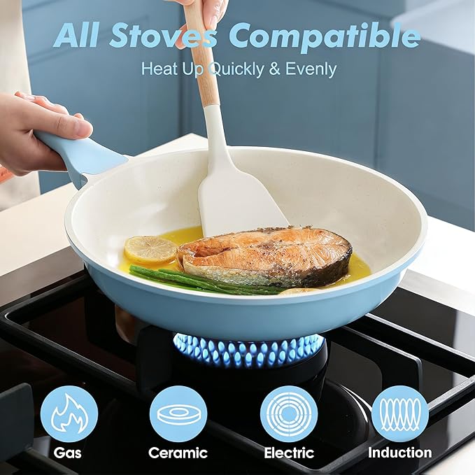 SENSARTE Nonstick Ceramic Frying Pan 9.5-Inch, Healthy Non Toxic Skillet, Induction Compatible Omelet Pan with Heat Resistant Handle, PFAS-Free, Blue