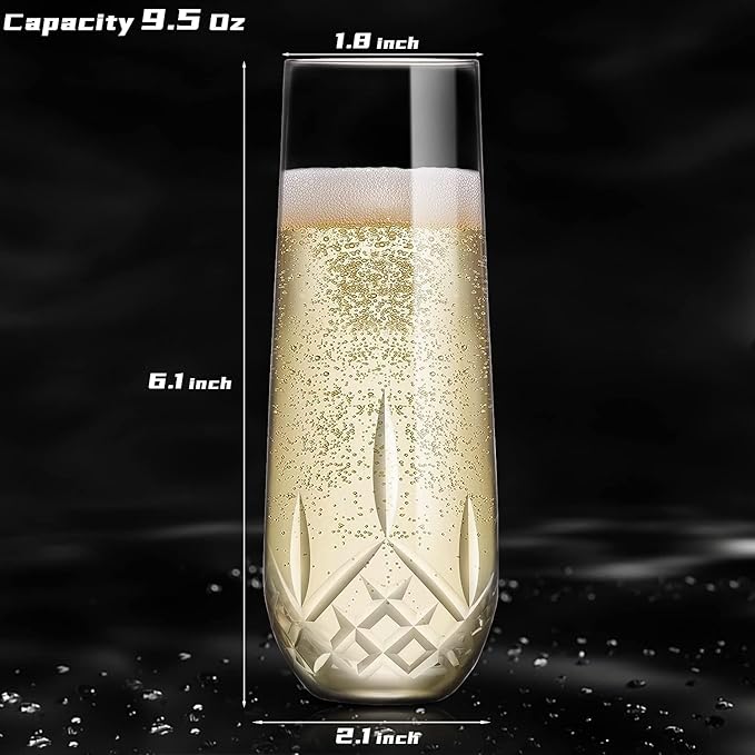 SHOSHIN Stemless Champagne Flutes Crystal, Hand Cut Champagne Glasses Set of 4, 9.5 Oz Champagne Toasting Glasses, Handmade Gift for Birthday, Wedding, Anniversary