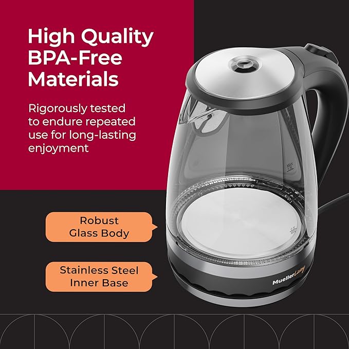 MuellerLiving Glass Kettle 1.5L 1500W LED Light Electric Tea Kettle Automatic Shut-Off with SpeedBoil Tech and Boil-Dry Protection