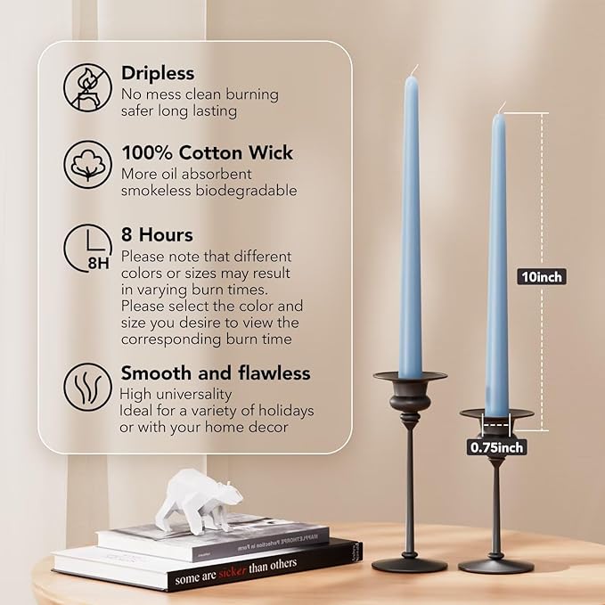10-Inch Tall Dripless Taper Candles Set of 4 - Baby Blue Tapered Candles, Perfect for Halloween,Fall - Smokeless, Unscented, Long Burning - Hand Poured, Colored Tall Candlesticks - Baby Azul