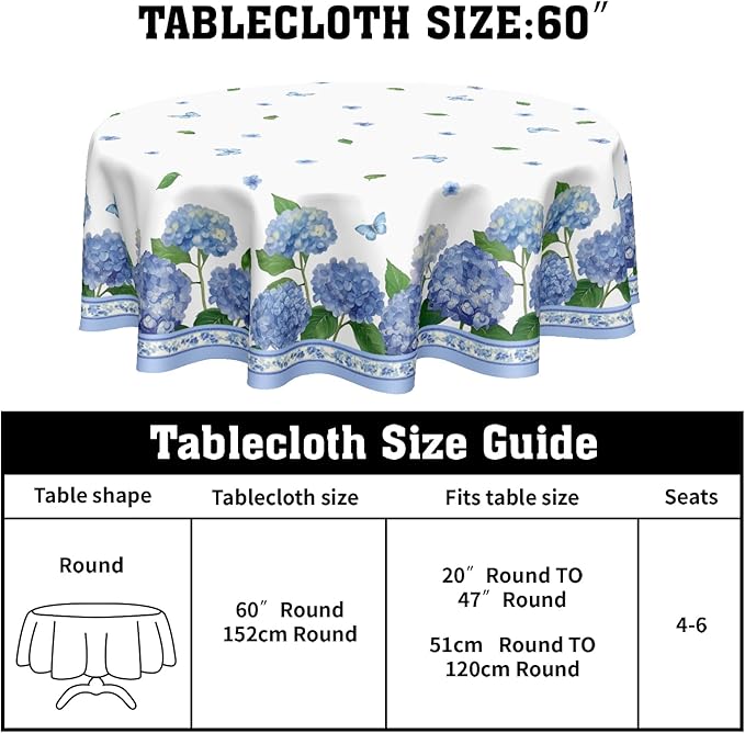 Spring Summer Round Tablecloth 60 Inch Easter Blue Hydrangea Watercolor Floral Butterfly Polyester Table Cloth Cover Rustic Farmhouse Decoration for Holiday Party Kitchen Dinner