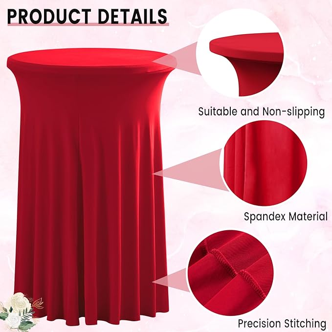 Qubjus 2 Pack Round Cocktail Table Covers with Skirt Stretch Spandex Tablecloth 24"x43" Cocktail Round Tablecloth for Party Wedding Birthday Banquet, Red